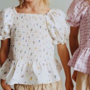 Zara Girl’s Cotton Floral Print Smocked Puff Sleeve Shirt White